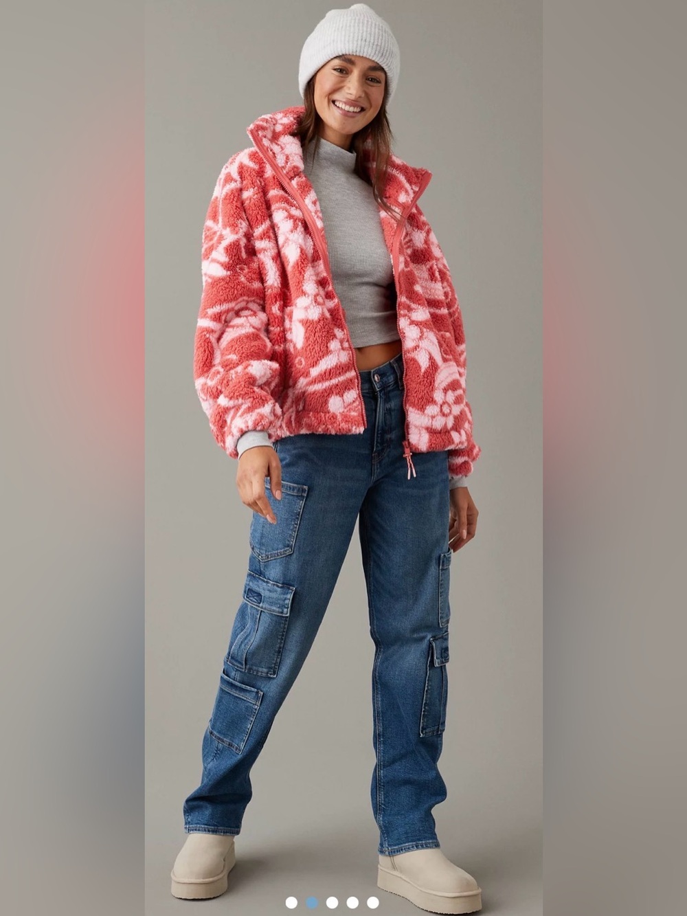 American Eagle Red/White Bear Hug Cozy Sherpa Zip Jacket Size Med Oversized Fall - Picture 2 of 13